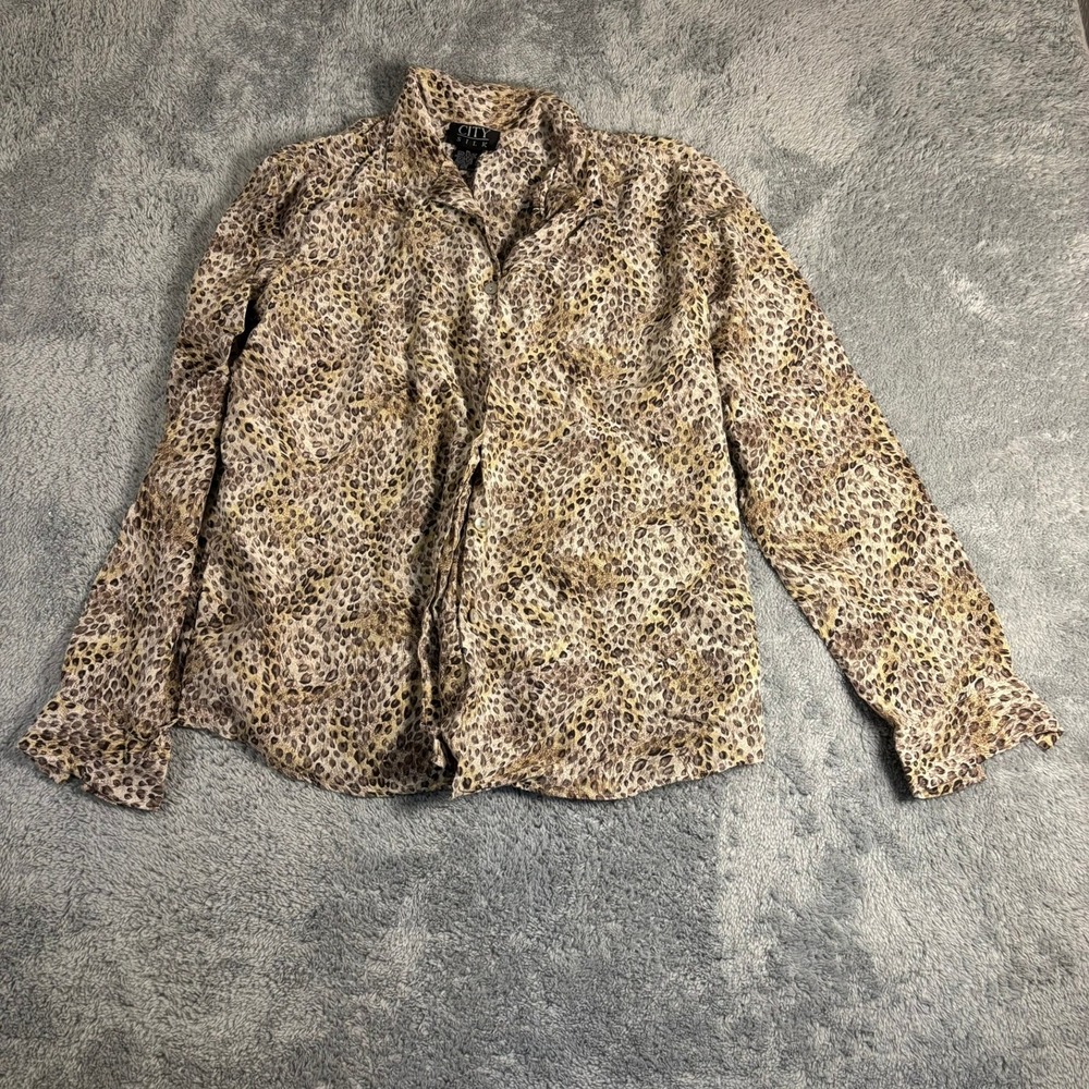 City Silk Leopard Print 100% Silk Button Down Blouse Long Sleeve Tan Brown XL